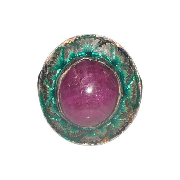 Antique Large Cabochon Ruby & Gripoix Glass Floral Band Goddess Statement Ring - Picture 5 of 16